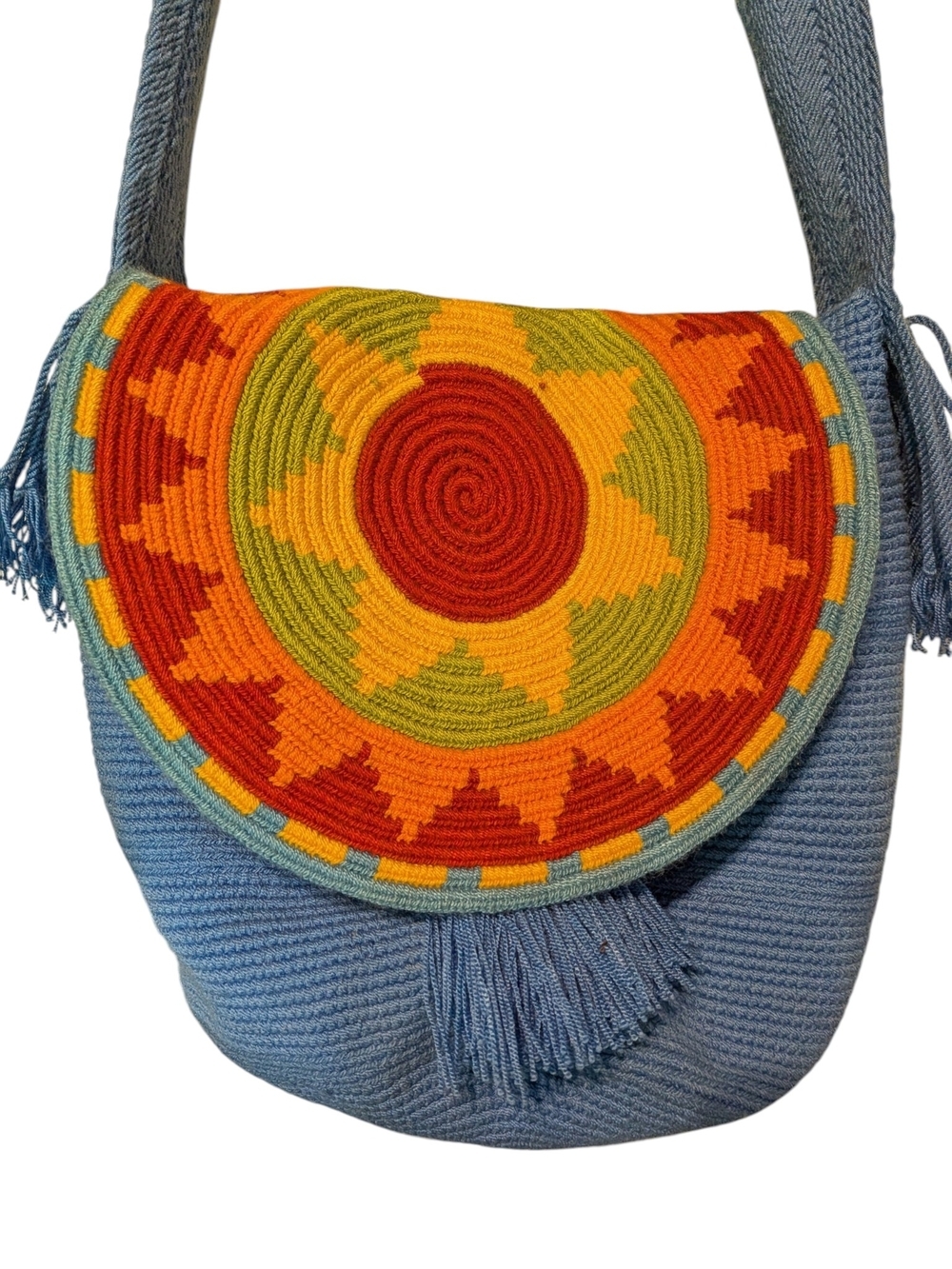 Handwoven Blue Crossbody Bag with Orange Sunburst Flap